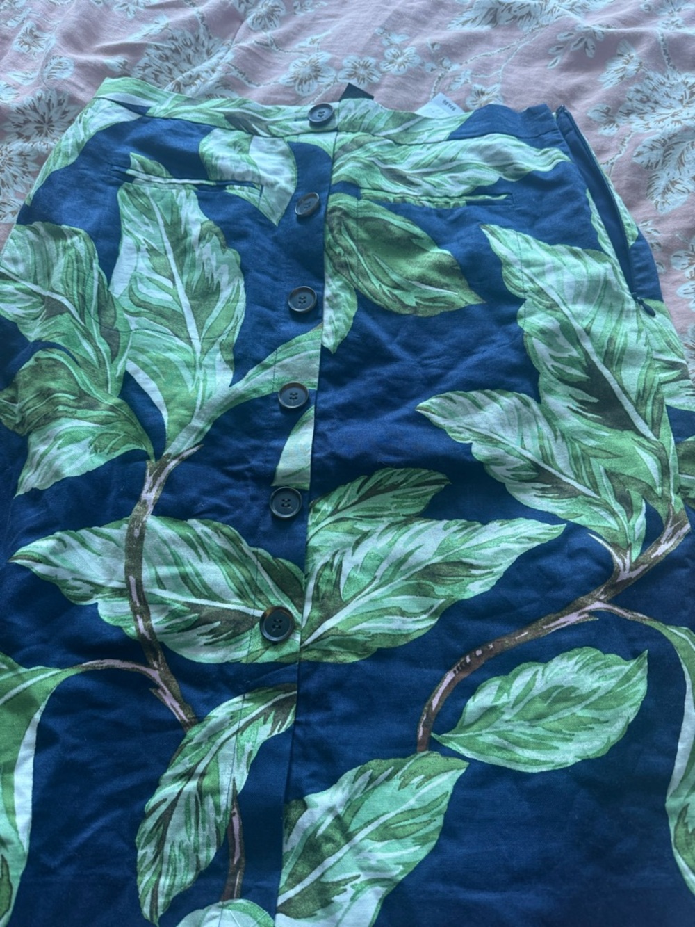 Ann Taylor Factory Navy A-Line Skirt with Green Leaf Print